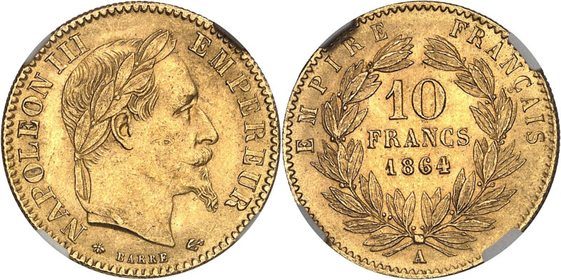 FRANCE
Second Empire / Napoléon III (1852-1870). 10 francs tête laurée 1864, A, ...