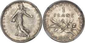 FRANCE
IIIe République (1870-1940). 1 franc Semeuse 1902, Paris.
Av. REPUBLIQUE FRANÇAISE. La Semeuse à gauche, avec le soleil levant, marchant et sem...