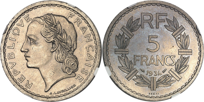 FRANCE
IIIe République (1870-1940). Essai de 5 francs Lavrillier en nickel 1934,...