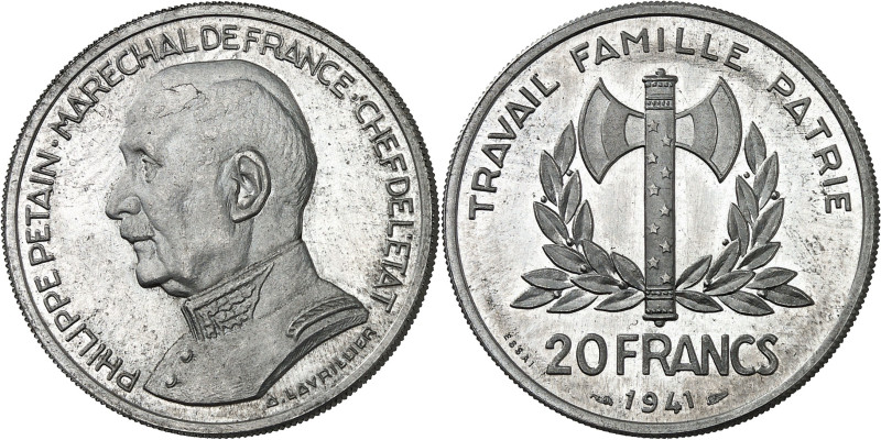 FRANCE
État Français (1940-1944). Essai-piéfort de 20 francs Pétain en aluminium...