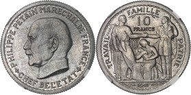 FRANCE
État Français (1940-1944). Essai de 10 francs Pétain en aluminium par Bazor et Galle 1943, Paris.
Av. + PHILIPPE PETAIN MARECHAL DE FRANCE + / ...