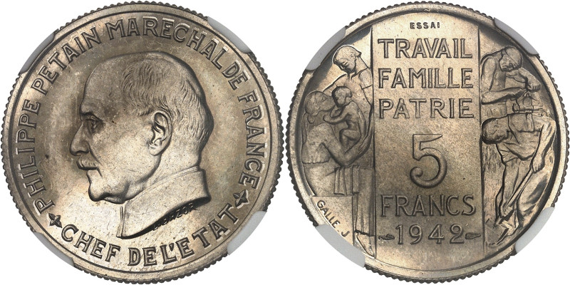 FRANCE
État Français (1940-1944). Essai de 5 francs Pétain grand module, par Baz...