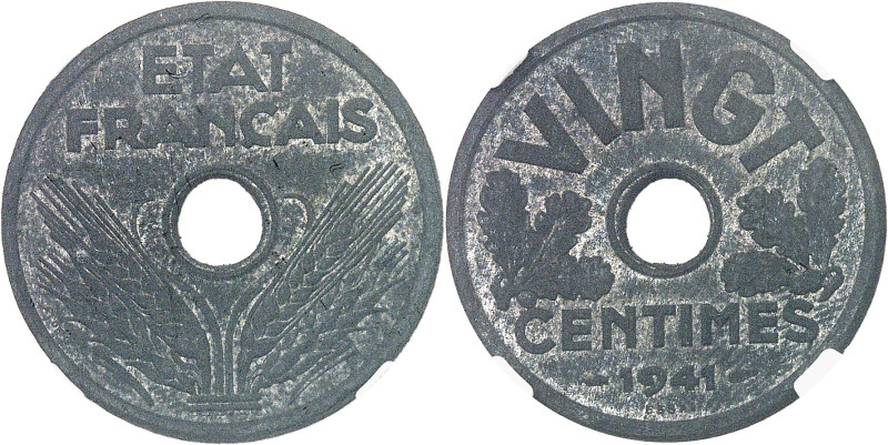 FRANCE
État Français (1940-1944). Essai-piéfort de VINGT centimes 1941, Paris.
A...