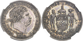 GHANA
Georges III (1760-1820). 1/2 Ackey, Flan bruni (PROOF) 1818.
Av. GEORGIUS III D. G. BRITTANIAR. REX. F: D:. Tête laurée à droite ; au-dessous, 1...