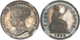 GRANDE-BRETAGNE - UNITED KINGDOM
Victoria (1837-1901). Gros (groat) de 4 pence, Flan bruni (PROOF) 1839, Londres.
Av. VICTORIA D: G: BRITANNIAR: REGIN...