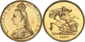 GRANDE-BRETAGNE - UNITED KINGDOM
Victoria (1837-1901). 5 livres (5 pounds), jubilé de la Reine 1887, Londres.
Av. VICTORIA D : G : BRITT : REG : F : D...