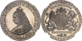 GRANDE-BRETAGNE - UNITED KINGDOM
Victoria (1837-1901). Essai de la couronne (crown) ou 5 shillings, jubilé de la Reine, par J. R. Thomas, Flan bruni (...