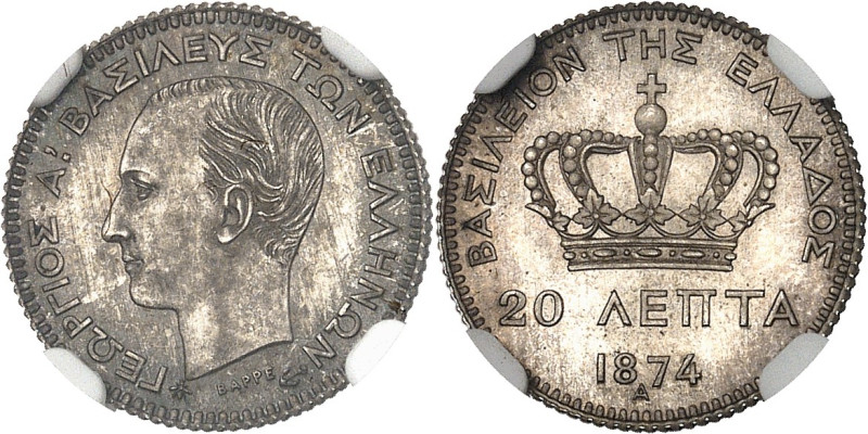 GRÈCE - GREECE
Georges Ier (1863-1913). 20 lepta 1874, A, Paris.
Av. ΓΕΩΡΓΙΟΣ Α!...