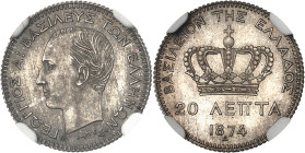 GRÈCE - GREECE
Georges Ier (1863-1913). 20 lepta 1874, A, Paris.
Av. ΓΕΩΡΓΙΟΣ Α! ΒΑΣΙΛΕΥΣ ΤΩΝ ΕΛΛΗΝΩΝ. Tête nue à gauche de Georges Ier ; au-dessous s...