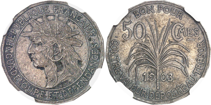 GUADELOUPE
IIIe République (1870-1940). Épreuve de 50 centimes (sans ESSAI), fla...