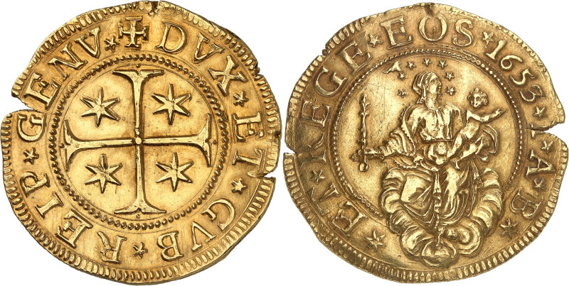 ITALIE - ITALY
Gênes, République (1528-1797). 5 doppie datée 1653 IAB, Gênes.
Av...