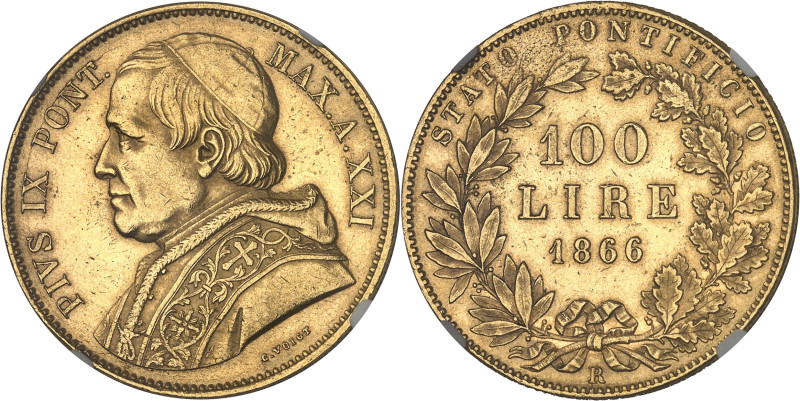 ITALIE - ITALY
Vatican, Pie IX (1846-1878). 100 lire 1866 - An XXI, R, Rome.
Av....
