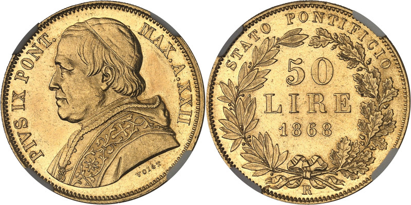 ITALIE - ITALY
Vatican, Pie IX (1846-1878). 50 lire 1868 - An XXII, R, Rome.
Av....