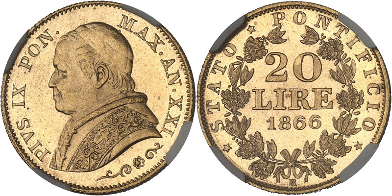 ITALIE - ITALY
Vatican, Pie IX (1846-1878). 20 lire 1866 - An XXI, R, Rome.
Av. ...