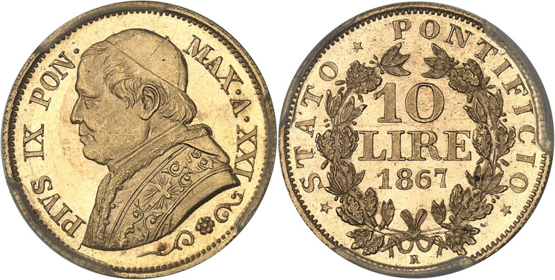 ITALIE - ITALY
Vatican, Pie IX (1846-1878). 10 lire 1867 - An XXI, R, Rome.
Av. ...