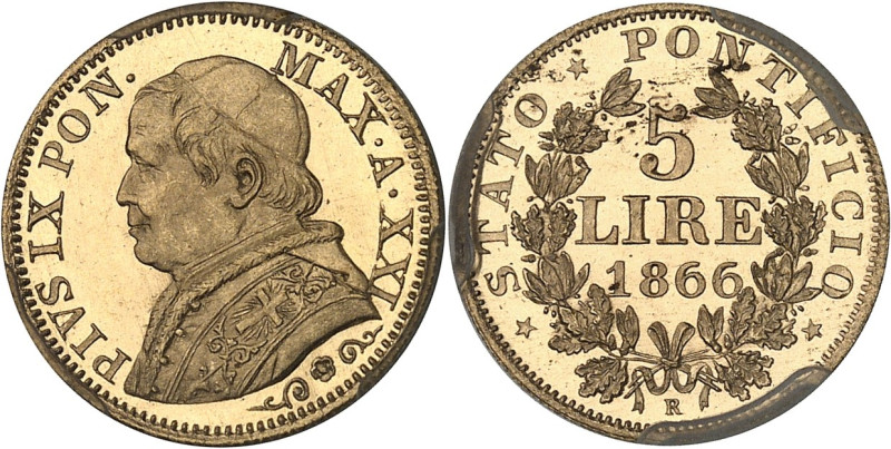 ITALIE - ITALY
Vatican, Pie IX (1846-1878). 5 lire 1866 - An XXI, R, Rome.
Av. P...