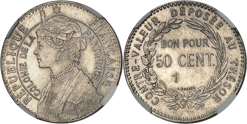 MARTINIQUE
IIIe République (1870-1940). Présérie de 50 centimes, date incomplète...