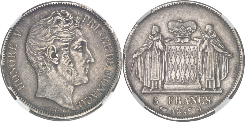 MONACO
Honoré V (1819-1841). 5 francs, variété de tranche *** D*EO 1837, M, Mona...