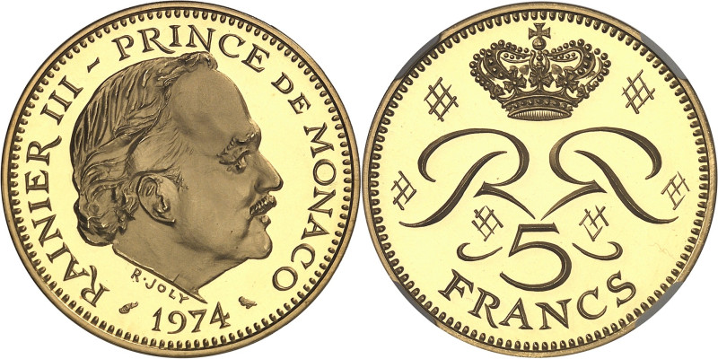 MONACO
Rainier III (1949-2005). Piéfort de 5 francs en Or, Flan bruni (PROOF) 19...