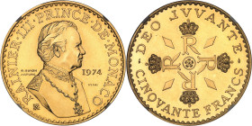 MONACO
Rainier III (1949-2005). Essai de 50 francs en Or, vingt-cinq années de règne 1974, Paris.
Av. RAINIER. III. PRINCE. DE. MONACO. Buste à droite...