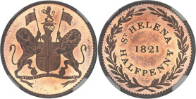 SAINT-HÉLÈNE (île de) - SAINT-HELENE
Georges IV (1820-1830). Halfpenny, Flan bruni (PROOF) 1821.
Av. Armes de l'East India Company surmontées d'un hea...