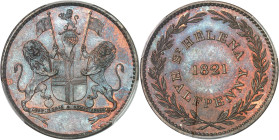 SAINT-HÉLÈNE (île de) - SAINT-HELENE
Georges IV (1820-1830). Halfpenny 1821.
Av. Armes de l'East India Company surmontées d'un heaume avec lion et sou...