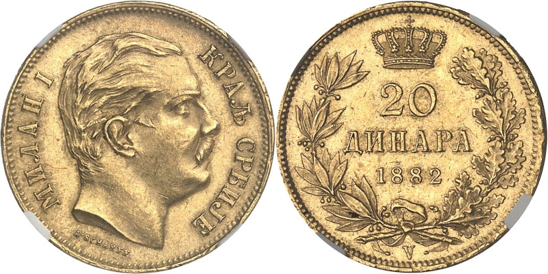 SERBIE - SERBIA
Milan Ier (1882-1889). 20 dinara 1882, V, Vienne.
Av. Légende en...