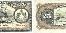 GRÈCE - GREECE
25 drachmes = 12 1/2 drachmes - Banque nationale de Grèce ND (1922).

P.60 (coupé en deux P.52).
Alphabet AB - numéro 603807. Billet de...