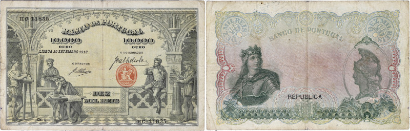 PORTUGAL
10 mil reis - 10.000 ouro 30 septembre 1910.

P.108a.
Alphabet HC - num...