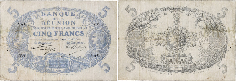 RÉUNION (ÎLE DE LA) - REUNION
5 francs Cabasson 1874 type “Bleu” ND (1886).

P.1...