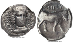 CAMPANIA. Hyria. Ca. 405-385 BC. AR didrachm (21mm, 7.11 gm, 9h). NGC Choice VF 5/5 - 3/5. Head of Hera Lacinia facing slightly right, wearing necklac...