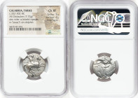 CALABRIA. Tarentum. Ca. 332-302 BC. AR stater or didrachm (21mm, 7.72 gm, 2h). NGC Choice XF 5/5 - 4/5, Fine Style. Ca. 315-300 BC. Sa-, W- and S-, ma...