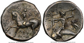 CALABRIA. Tarentum. Ca. 281-240 BC. AR stater or didrachm (19mm, 6.42 gm, 4h). NGC XF 4/5 - 4/5. Ca. 272-240 BC, Sy- and Lycinus, magistrates. Nude yo...