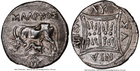 ILLYRIA. Apollonia. Ca. 2nd-1st centuries BC. AR drachm (17mm, 2h). NGC XF. Maarcus as moneyer, Lysania, as magistrate. ΜΑΑΡΚΟΣ, cow standing left, he...