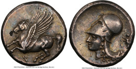 CORINTHIA. Corinth. Ca. 4th century BC. AR stater (21mm, 8.48 gm, 3h). NGC XF 4/5 - 3/5, flan flaw. Ca. 375-300 BC. Pegasus flying left; Ϙ below / Hea...