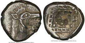 CARIA. Halicarnassus. Ca. 510-480 BC. AR hecte (11mm). NGC XF. Head of ketos right, with pointed ear, pinnate mane, long snout, and mouth open with pr...