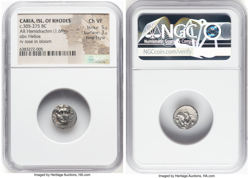 CARIAN ISLANDS. Rhodes. Ca. 305-275 BC. AR hemidrachm (12mm, 1.69 gm, 12h). NGC ...