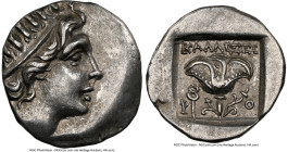 CARIAN ISLANDS. Rhodes. Ca. 88-84 BC. AR drachm (15mm, 11h). NGC Choice XF. Plinthophoric standard, Callixeinus, magistrate. Radiate head of Helios ri...