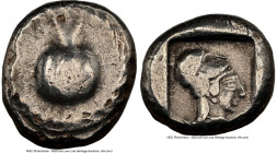 PAMPHYLIA. Side. Ca. 5th century BC. AR stater (20mm, 9h). NGC VF. Ca. 430-400 BC. Pomegranate; guilloche beaded border / Head of Athena right, wearin...