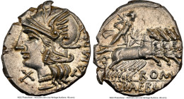 M. Baebius Q.f. Tampilus (ca. 137 BC). AR denarius (19mm, 3.97 gm, 4h). NGC MS 4/5 - 4/5. TAMPIL, head of Roma left, wearing beaded necklace, pendant ...