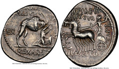 M. Aemilius Scaurus and P. Plautius Hypsaeus (ca. 58 BC). AR denarius (19mm, 5h). NGC XF. Rome. M SCAVR / AED CVR, kneeling figure right, olive branch...