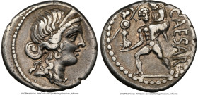 Julius Caesar, as Dictator (49-44 BC). AR denarius (17mm, 3.79 gm, 6h). NGC VF 5/5 - 4/5. Military mint traveling with Caesar in North Africa, ca. 48-...
