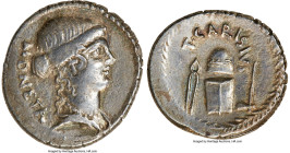 T. Carisius (ca. 46 BC). AR denarius (19mm, 3.91 gm, 8h). NGC Choice VF 4/5 - 2/5, scratches. Rome. MONETA, draped bust of Juno Moneta right, wearing ...