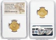 Tiberius II Constantine (AD 578-582). AV solidus (21mm, 4.46 gm, 7h). NGC Choice AU 5/5 - 2/5, edge bend, brushed, graffito, scuff. Constantinople, 1s...