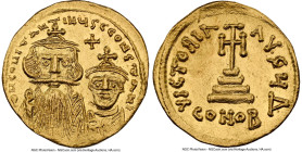 Constans II Pogonatus (AD 641-668), and Constantine IV. AV solidus (20mm, 4.39 gm, 7h). NGC MS 5/5 - 4/5, clipped. Constantinople, 4th officina, ca. A...