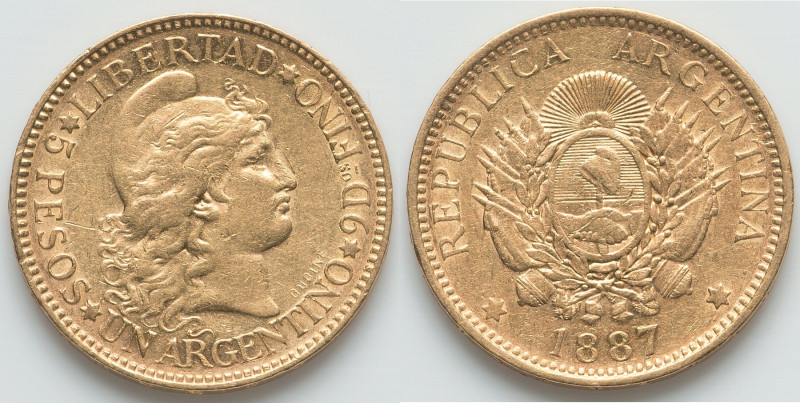 Republic gold 5 Pesos (Argentino) 1887 XF, Buenos Aires mint, KM31, Fr-14. 22.1m...