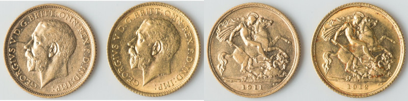 George V Pair of Uncertified gold 1/2 Sovereigns XF, 1) 1/2 Sovereign 1911-S. 19...