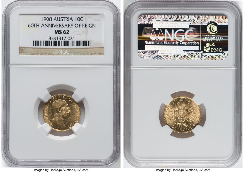 Franz Joseph I gold 10 Corona 1908 MS62 NGC, Vienna mint, KM2810, Fr-516. 60th A...