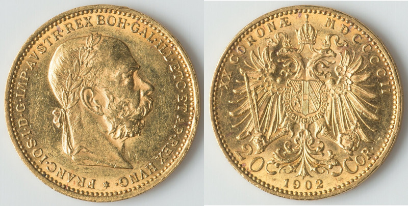 Franz Joseph I gold 20 Corona 1902 AU, Vienna mint, KM2806. 21mm. 6.78gm. HID098...
