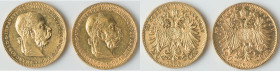 Franz Joseph I Pair of Uncertified Assorted gold 20 Corona Issues, 1) 20 Corona 1894 - XF, KM2806. 21mm. 6.76gm. 2) 20 Corona 1905 - XF (Cleaned), KM2...
